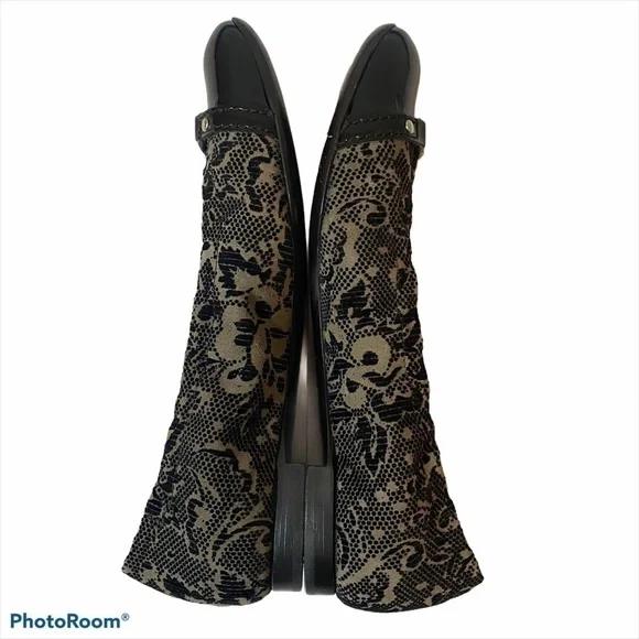 AGL Ballet Flats EU 38 / US 8 Black Patent Leather Monika Cap Toe Velvet Brocade - Picture 8 of 11